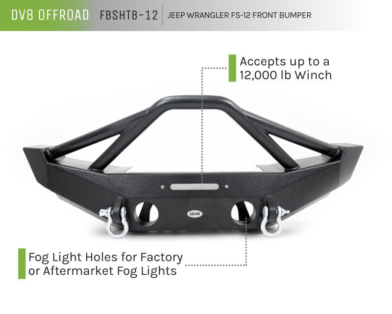DV8 Offroad 07-18 Jeep Wrangler JK/JL FS-12 Mid Length Steel Front Bumper w/ Fog Lights